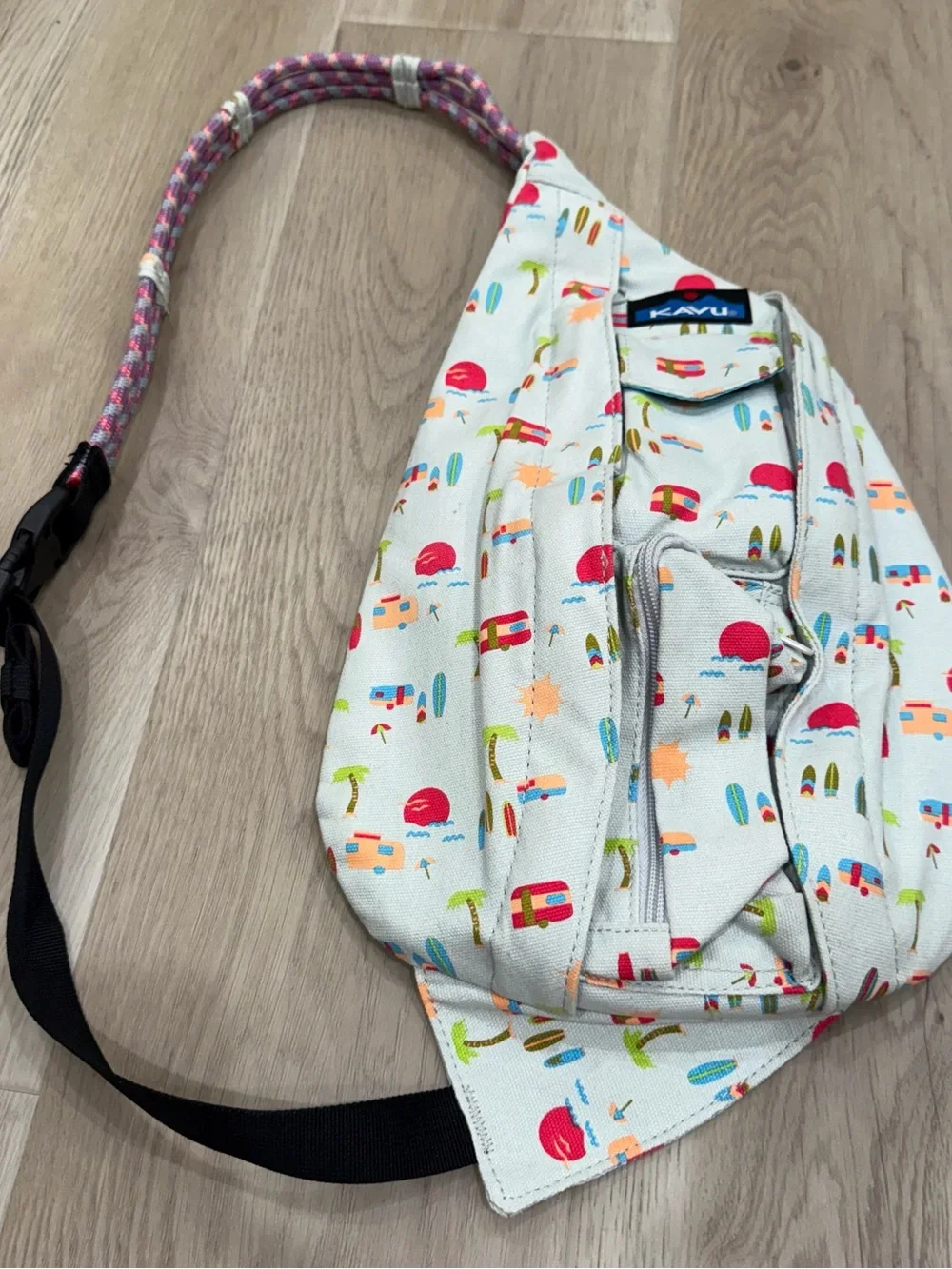 Kavu Sling Bag in Light Gray with Pink and Teal Camper Print